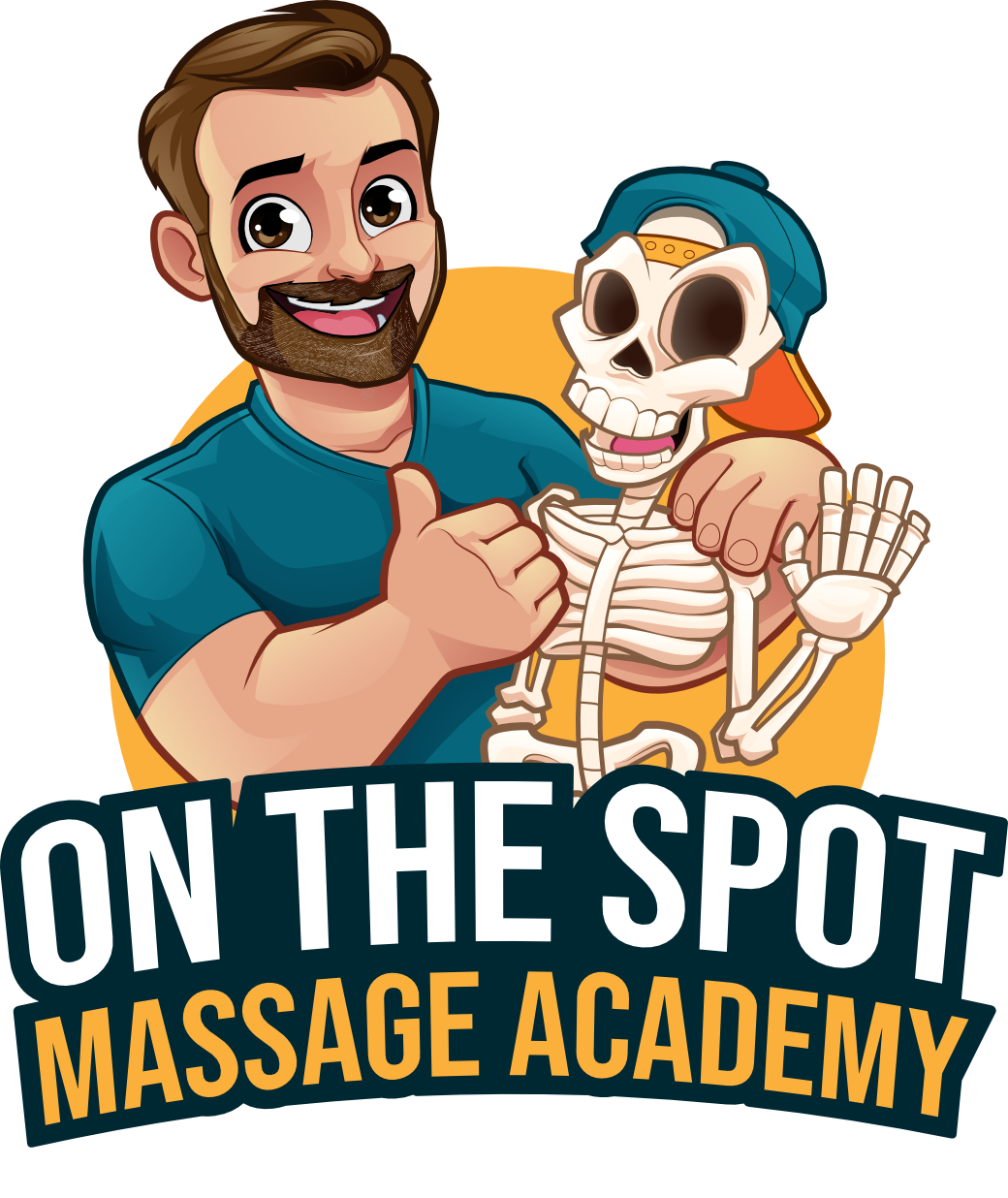 An illustrated graphic of Shawn Garrett, ownder and founder of On The Spot Massage Academy of Abilene Texas, and his buddy, Bones - the classroom skeleton mascot.