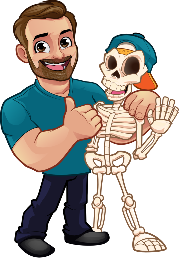 An illustrated graphic of Shawn Garrett, ownder and founder of OTSMA, and his buddy, Bones - the classroom skeleton mascot.